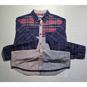 Desigual Patchwork Shirt L Button Down Mixed Fabric Rolled Sleeve Top